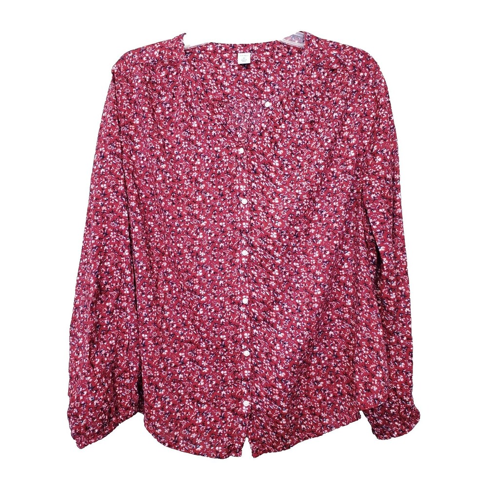 Old Navy Red Floral Print Cotton Blend Long Sleeve Button-Up Blouse Size Medium
